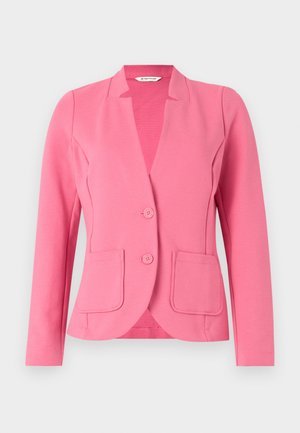 Blazer rose en tissu texturé avec un col cranté, deux poches devant et deux boutons. Design ajusté avec des manches longues.