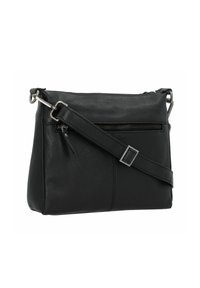 Borsa a tracolla in pelle nera con chiusura a zip, tracolla regolabile e tasca esterna con zip. Texture liscia con dettagli di cucitura sottili.