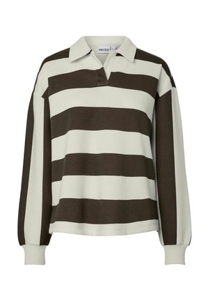 Pull-over rayé marron et crème avec un col, des manches longues et une coupe décontractée. Confectionné en tissu doux avec une patte de boutonnage à l'avant.