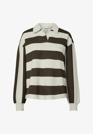 Pull-over rayé marron et crème avec un col, des manches longues et une coupe décontractée. Confectionné en tissu doux avec une patte de boutonnage à l'avant.