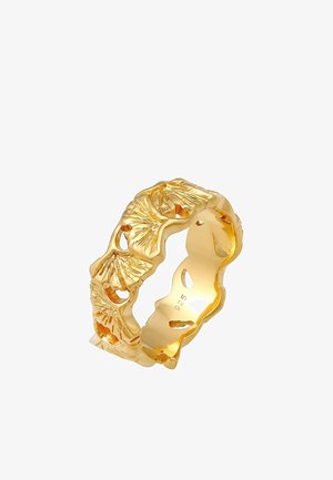 Bague en or avec motifs de feuilles texturés et superposés, bords festonnés, poinçonnée "925" à l'intérieur de l'anneau.