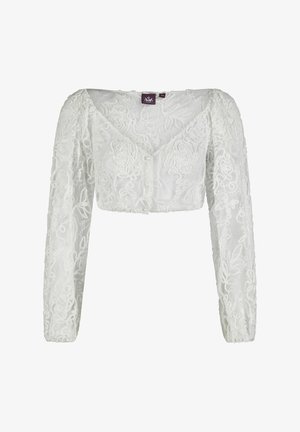 Cardigan blanc court avec manches longues bouffantes, encolure en V, et broderie florale en dentelle avec paillettes.