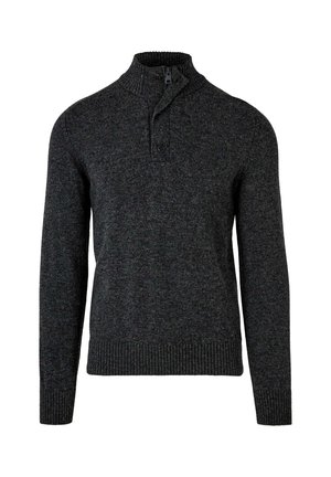 Maglione grigio scuro con colletto alto, dotato di chiusura con mezza zip e patta con bottoni, realizzato in materiale a maglia testurizzato.