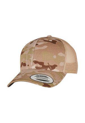 Kamuflasje snapback-cap i brune og brune nyanser, med et stoffforan og meshbakside, som har et merke på undersiden av visiret.