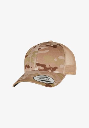 Camo snapback cap i tan- og brune nuancer, med en stoffront og mesh-bagpanel, der har et mærketikette under skyggen.