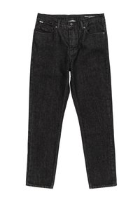 Jean en denim noir avec une coupe droite, cinq poches et des coutures contrastées. Le tissu a une légère texture et est durable.