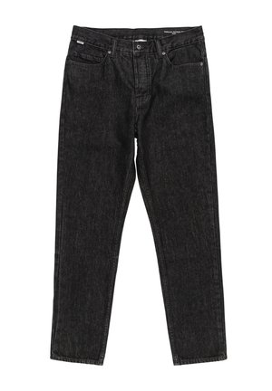 Zwarte denim jeans met een recht model, vijf zakken en contrasterende stiksels. De stof heeft een lichte textuur en is duurzaam.
