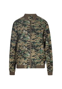 Camouflage bomberjack met een ritssluiting, ribgebreide manchetten en zoom. Gemaakt van textuurstof in groene, bruine en zwarte pixelpatronen.