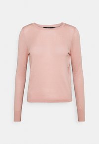 Ljusrosa långärmad tröja, tillverkad av mjukt material, har en rund halsringning och rak nederkant med ribbade ärmslut. Inga mönster eller dekorationer synliga.