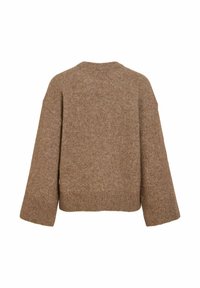Pull tricoté marron à manches longues avec poignets et ourlet côtelés, vu de dos sur fond blanc.