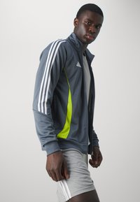 Adidas grå træningsjakke med hvide striber og en lys grøn accent, med høj krave og lynlås foran, parret med grå shorts.