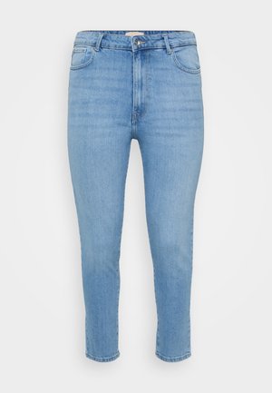 Light blue denim jeans featuring a high waist, five-pocket design, and cropped, straight-leg cut. Smooth texture with a faded wash.