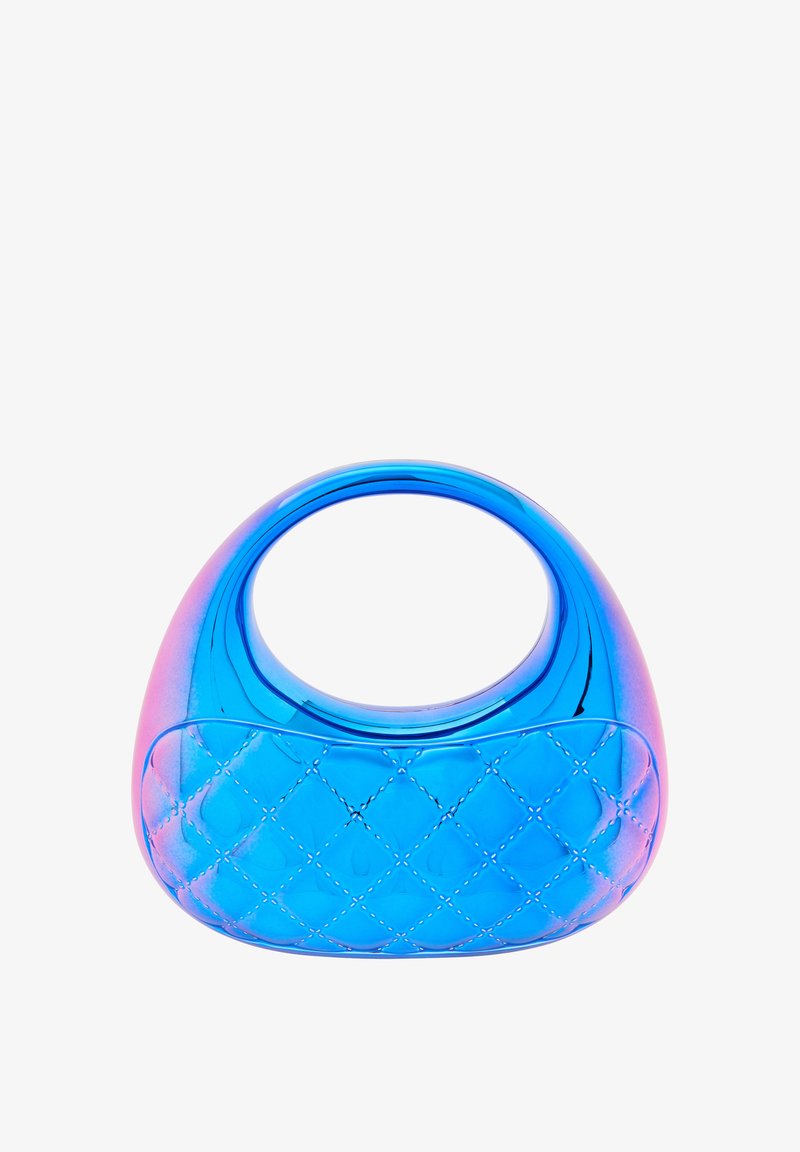 Niebieska plastikowa torba na ramię z okrągłym uchwytem, pikowanym wzorem z przodu i błyszczącym wykończeniem. Posiada efekt gradientu kolorystycznego.