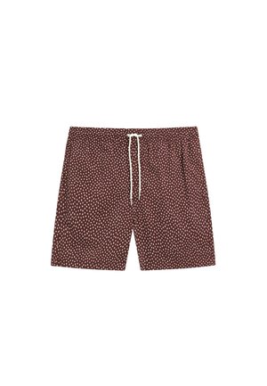 Short de bain marron avec motif en forme de gouttes blanches et cordon blanc à la taille élastique.