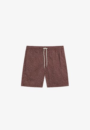 Short de bain marron avec motif en forme de gouttes blanches et cordon blanc à la taille élastique.