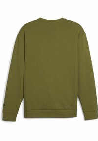 Oliwkowa bluza, wykonana z miękkiego materiału, z okrągłym dekoltem, długimi rękawami i prostym dołem z subtelną metką marki przy mankiecie.