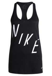Czarny top Dri-FIT z wycięciem na plecach. Duży biały logo "NIKE" nadrukowane na skos z przodu. Miękka, lekka tkanina.