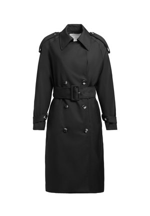Cappotto nero realizzato in tessuto liscio. Caratterizzato da chiusura doppiopetto, grandi bottoni, vita con cintura e spalline.