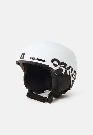 White ski helmet with black accents and logo. Smooth exterior finish, size L label, adjustable chin strap, and interior padding for comfort.