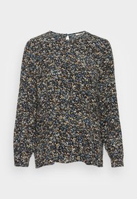 Langärmlige Bluse aus schwarzem Stoff mit einem mehrfarbigen Blumenmuster. Die Bluse hat einen runden Halsausschnitt und eine kleine Schlüsselöffnung auf der Rückseite.