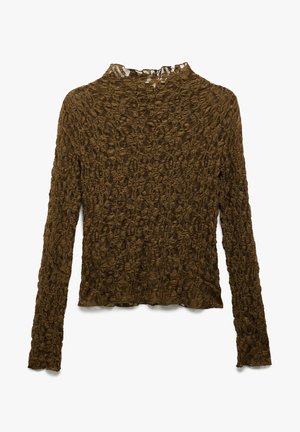 Maglia marrone a maniche lunghe realizzata in un tessuto strutturato con un motivo unico. Presenta un collo alto e un orlo scallop.
