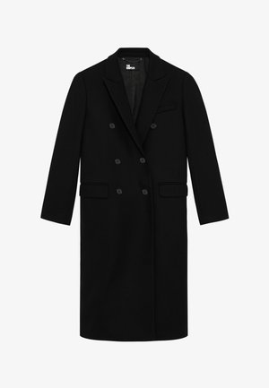 Cappotto nero doppiopetto in lana, con rever a scollo, quattro bottoni frontali, due tasche laterali e una tasca sul petto.