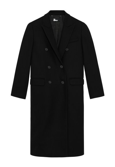 Cappotto nero doppiopetto in lana, con rever a scollo, quattro bottoni frontali, due tasche laterali e una tasca sul petto.
