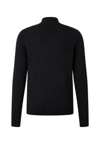 Schwarzer Strickpullover mit langen Ärmeln und hohem Kragen. Verfügt über eine glatte Textur und gerippte Details an den Ärmeln.