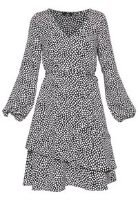 Black and white patterned dress with long, puffed sleeves, a V-neckline, and a cinched waist. The fabric is lightweight with layered ruffles.