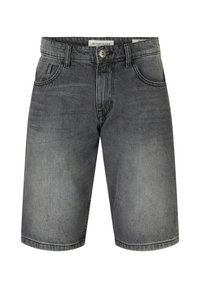 Pantalones cortos de mezclilla gris con cierre de botón, cinco bolsillos, corte recto y un leve desgaste. Presenta costuras decorativas a lo largo de las costuras.