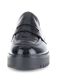 Black patent leather loafers with a smooth finish, accented by two horizontal straps and a thick, grooved black sole.