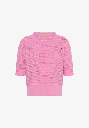 Rózsaszín kötött rövid ujjú pulóver vízszintes áttört mintákkal és fodros szegéllyel az ujjakon és az alján.