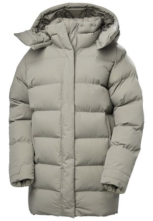 Chaqueta acolchada gris con capucha, con un diseño acolchado, botones a presión y una textura ligeramente brillante. Corte ligeramente oversize.