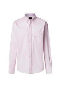 Camicia a maniche lunghe di colore rosa chiaro, con colletto, taschino sul petto e bottoni bianchi; tessuto morbido, design a vestibilità classica.
