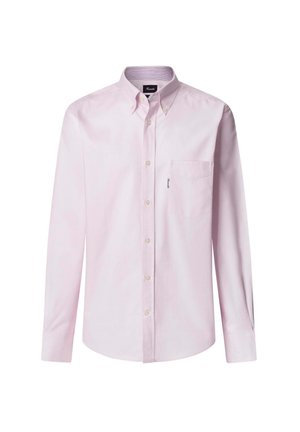 Camicia a maniche lunghe di colore rosa chiaro, con colletto, taschino sul petto e bottoni bianchi; tessuto morbido, design a vestibilità classica.