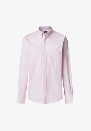 Jasnoróżowa koszula z długim rękawem, zapinana na guziki, z kołnierzykiem, pojedynczą kieszonką na piersi i białymi guzikami; gładka tekstura materiału, klasyczny krój.