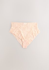 Sous-vêtement féminin taille haute beige en dentelle avec motif floral et bords festonnés sur fond neutre.