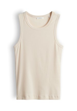 Roomwit geribd mouwloos tanktop met ronde hals, gemaakt van lichtgewicht stof, maat 36, met merklabel "OPUS" zichtbaar aan de binnenkant van de kraag.