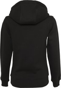 Sudadera negra con un diseño ajustado, mangas largas y capucha con cordón. La tela parece suave, con puños y dobladillo acanalados.