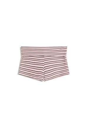 Shorts rayés à taille haute, avec des lignes verticales en rose, blanc et tons foncés ; fabriqués à partir d'un tissu doux et extensible.