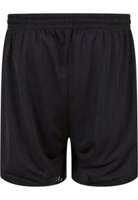 Svart mesh atletisk shorts med elastisk midjebånd, med en pustende perforert tekstur og en løs passform for komfort.