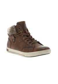 Baskets montantes en cuir marron avec doublure en fourrure, lacets marron à motifs et semelles en caoutchouc. Présente des accents en métal et des détails de couture.