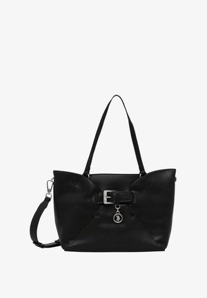 Borsa tote nera con finitura testurizzata, caratterizzata da un'importante fibbia in evidenza e una tracolla removibile da indossare a tracolla. Decorata con un ciondolo ornamentale.