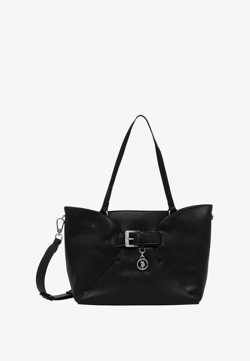 Borsa tote nera con finitura testurizzata, caratterizzata da un'importante fibbia in evidenza e una tracolla removibile da indossare a tracolla. Decorata con un ciondolo ornamentale.