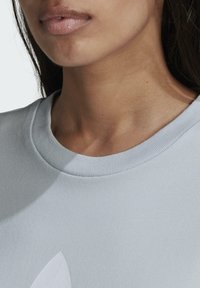 Šviesiai mėlynas džemperis su megztu apykakle. Lygus paviršius ir didelis baltas logotipas priekyje. Artimas žvilgsnis į apykaklę ir viršutinę krūtinės dalį.