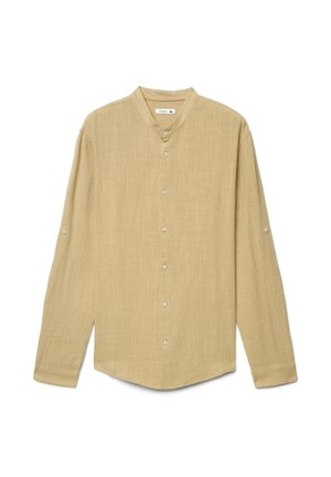 Camicia beige in lino a maniche lunghe con colletto alla coreana e chiusura frontale con bottoni, mostrata distesa su sfondo bianco, taglia XL.
