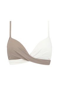 Reggiseno a triangolo con un design rigato in crema e marrone chiaro. Le cinghie regolabili migliorano la vestibilità e il comfort.