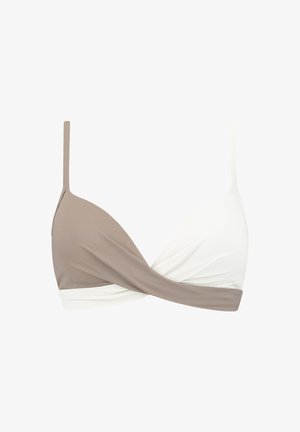 Bikini top with a triangular shape, featuring a cream and light brown ribbed design. Adjustable straps enhance fit and comfort.