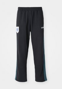 Sorte polyester treningsbukser med elastisk midje, med blå striper på siden og en logo på venstre front hofte.