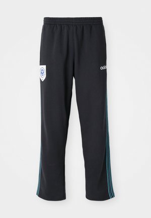 Black polyester athletic pants with an elastic waistband, featuring a blue-striped side detail and a logo on the left front hip.
